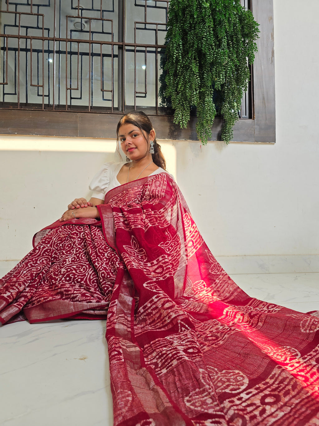 Handcrafted Linen Saree with Hand Block Hot Wax Batik - Maroon
