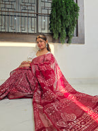 Handcrafted Linen Saree with Hand Block Hot Wax Batik - Maroon