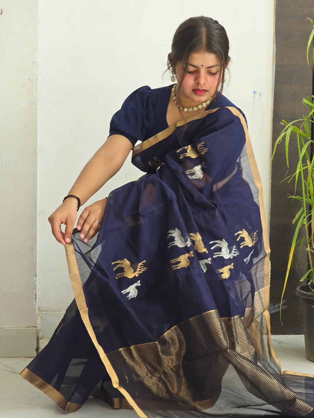 Pure Handwoven Chanderi Silk Cotton Deer Motif Saree – Blue