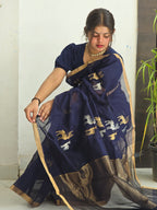 Pure Handwoven Chanderi Silk Cotton Deer Motif Saree – Blue