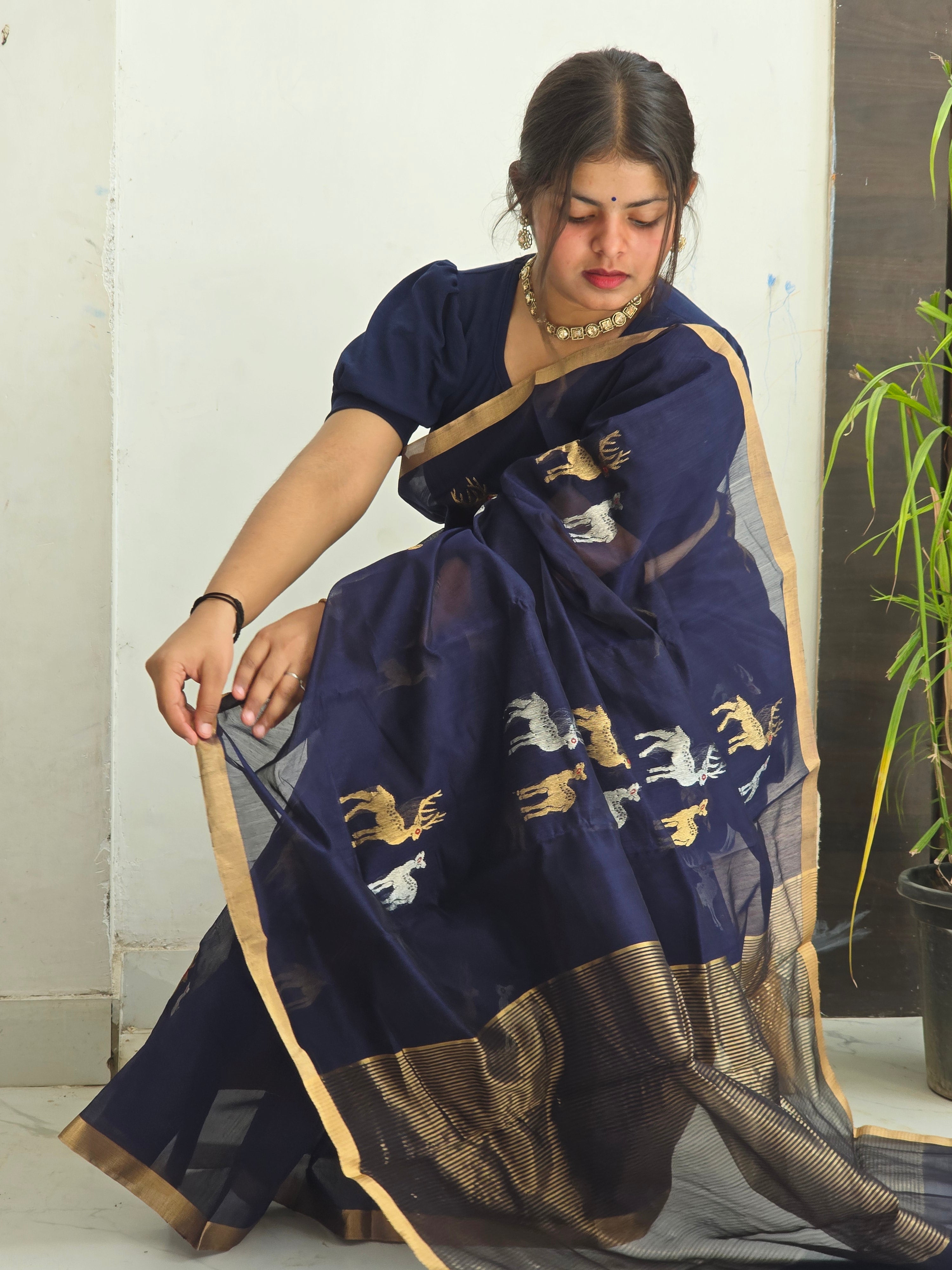 Pure Handwoven Chanderi Silk Cotton Deer Motif Saree – Blue