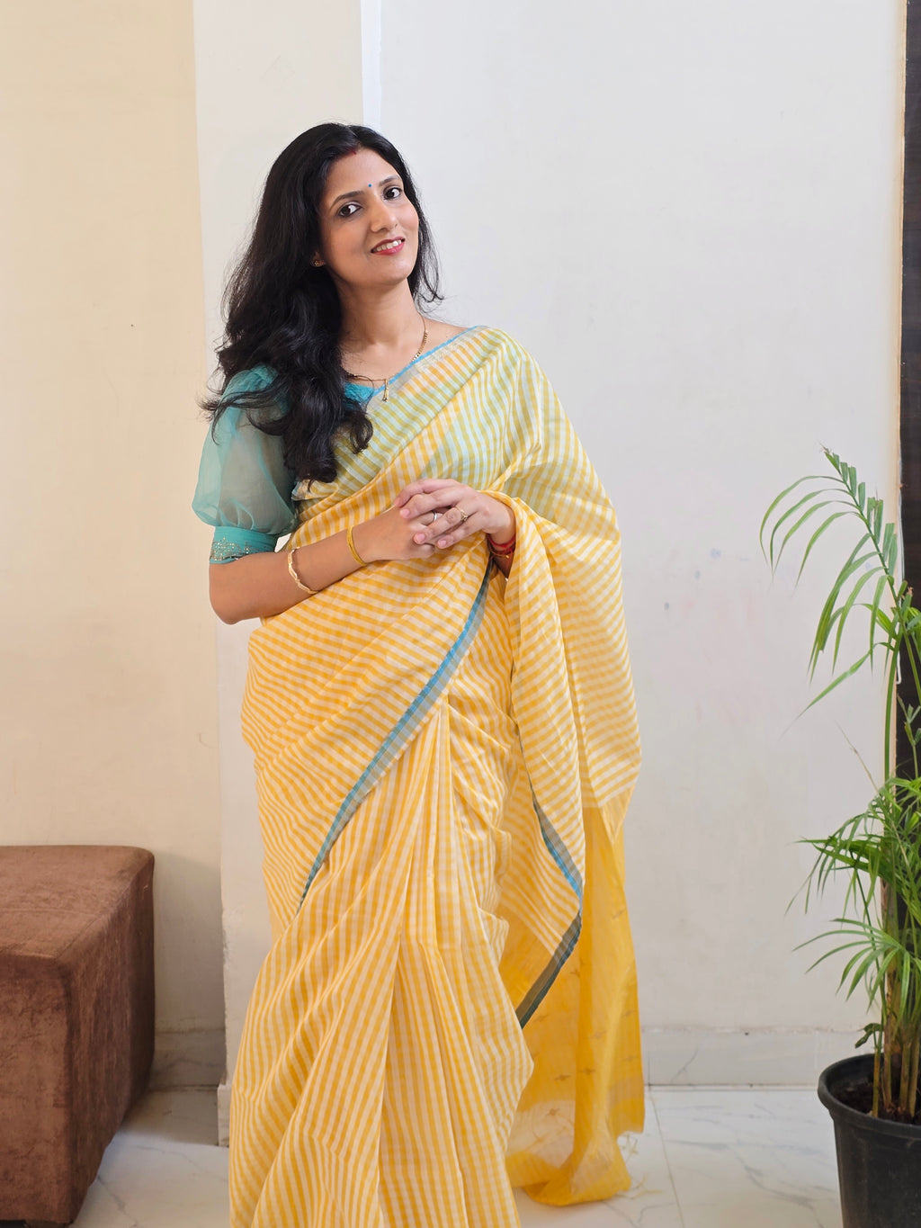 Pure Handwoven Maheshwari Check Saree in Yellow & White