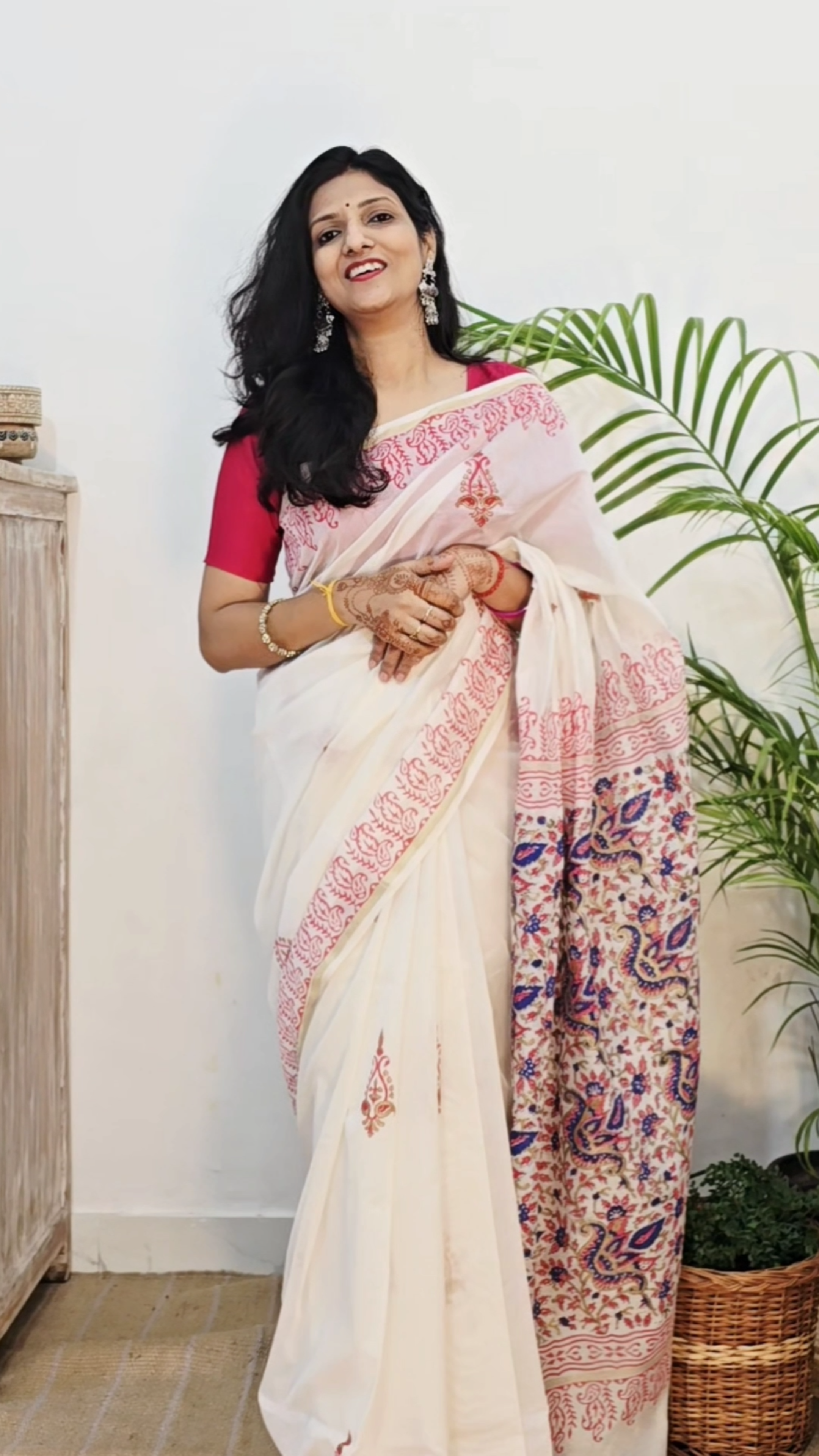 Hand Block Printed Chanderi Silk Cotton Saree with Gold Zari Border – Gold & Pink