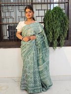Handcrafted Linen Saree with Hand Block Hot Wax Batik - Sea Green