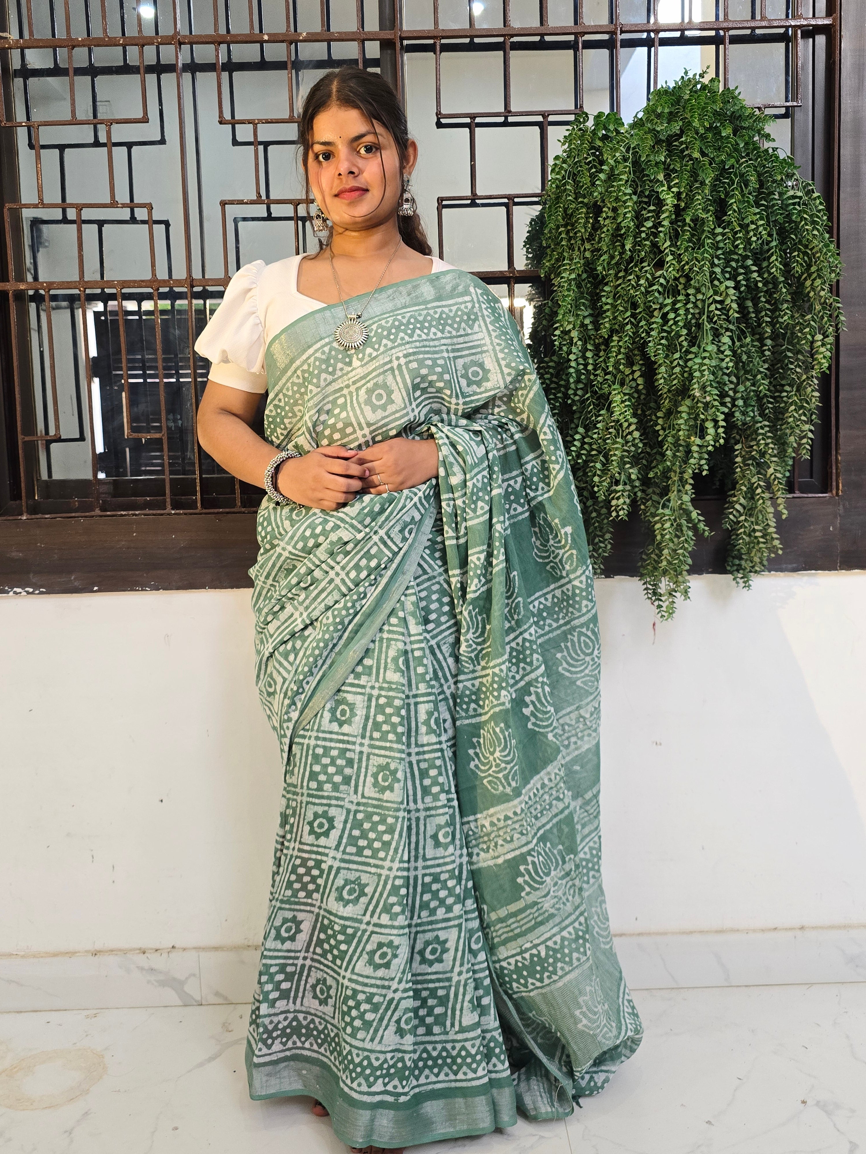 Handcrafted Linen Saree with Hand Block Hot Wax Batik - Sea Green