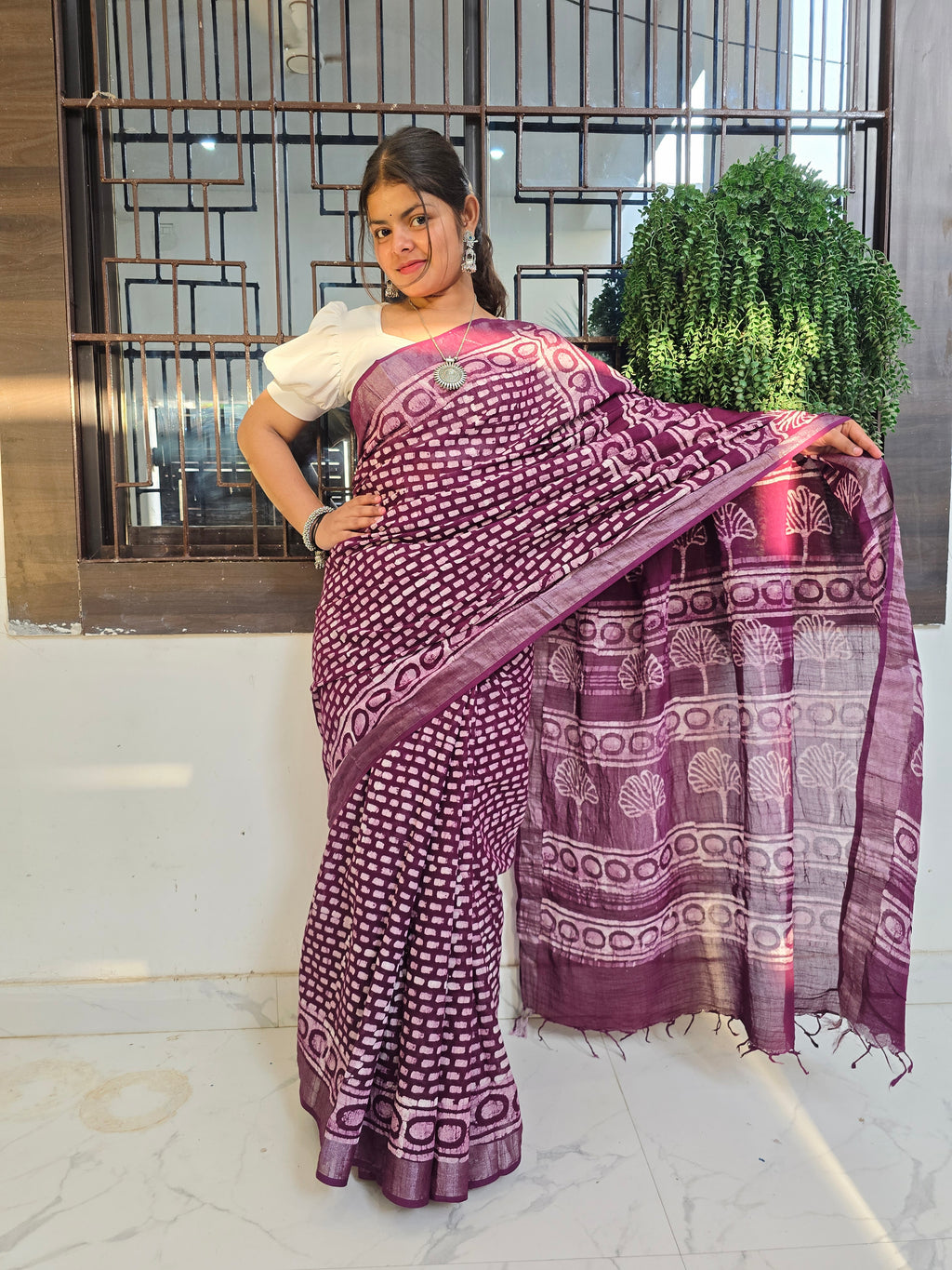Handcrafted Linen Saree with Hand Block Hot Wax Batik - Deep Purple