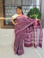 Handcrafted Linen Saree with Hand Block Hot Wax Batik - Deep Purple