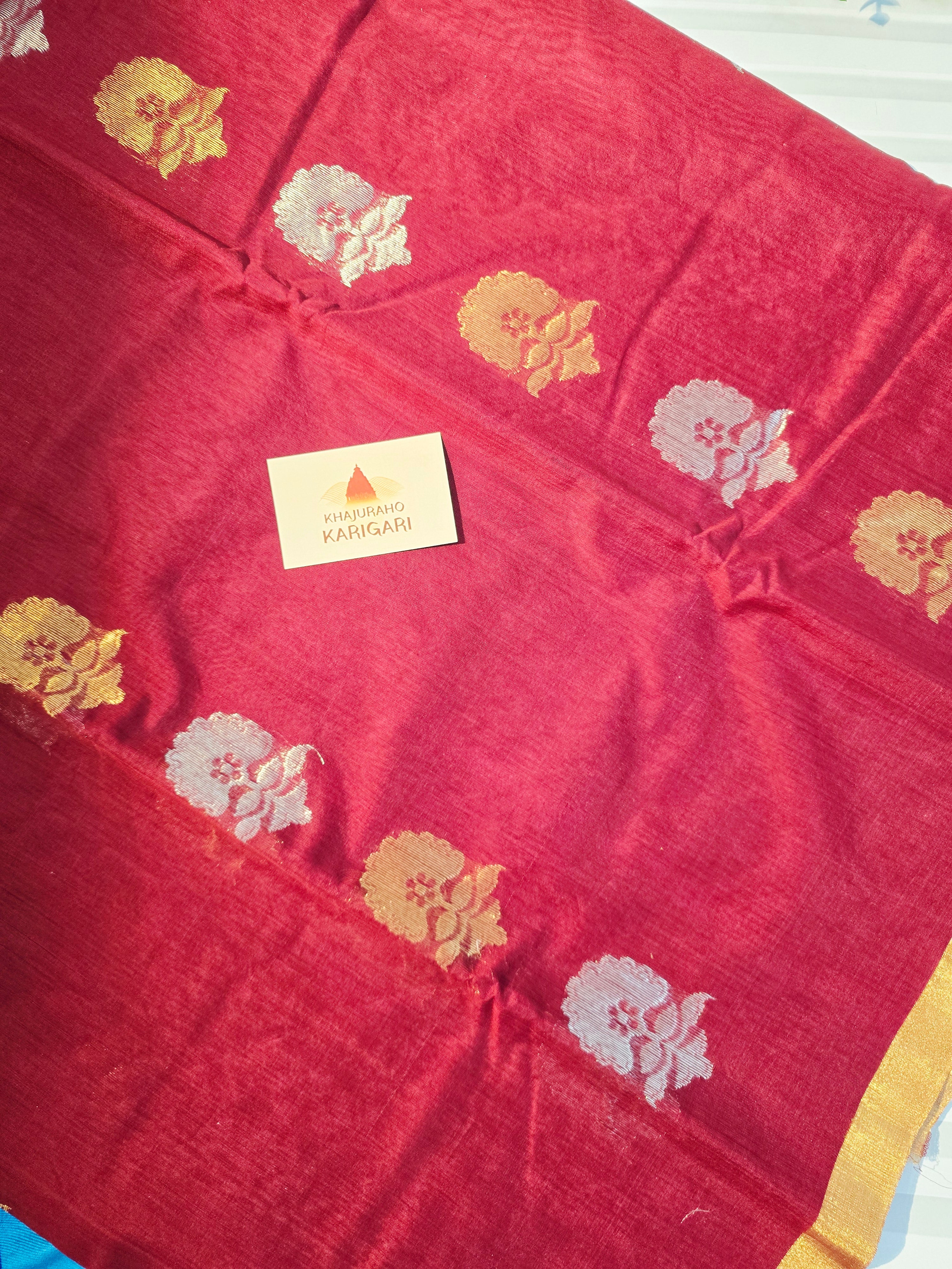 Chanderi Silk Cotton Saree Narrow Zari Border - Maroon