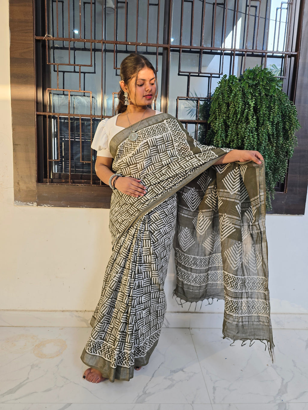 Handcrafted Linen Saree with Hand Block Hot Wax Batik - Olive Green