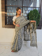 Handcrafted Linen Saree with Hand Block Hot Wax Batik - Olive Green