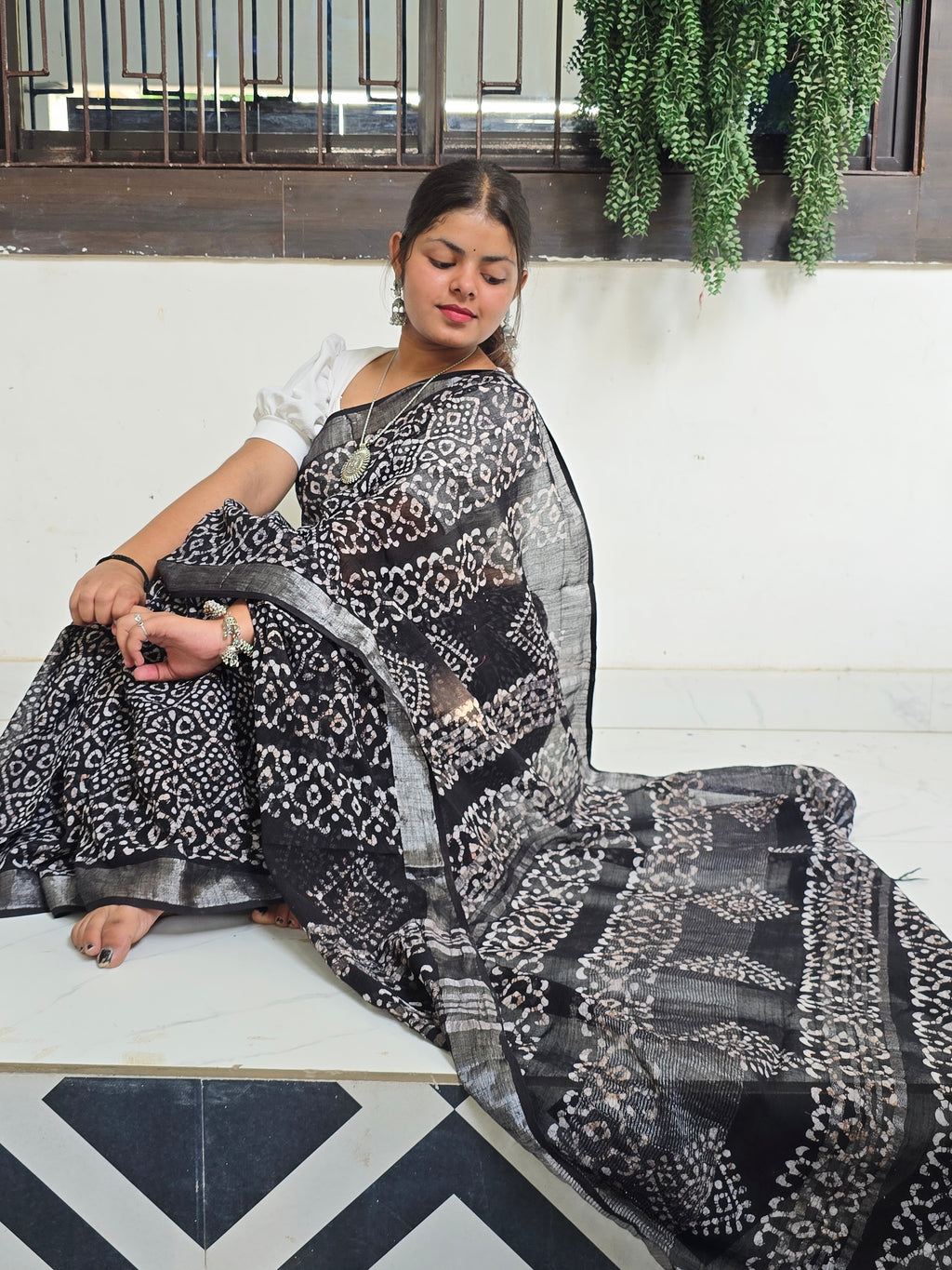 Handcrafted Linen Saree with Hand Block Hot Wax Batik - Black