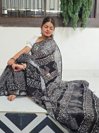 Handcrafted Linen Saree with Hand Block Hot Wax Batik - Black