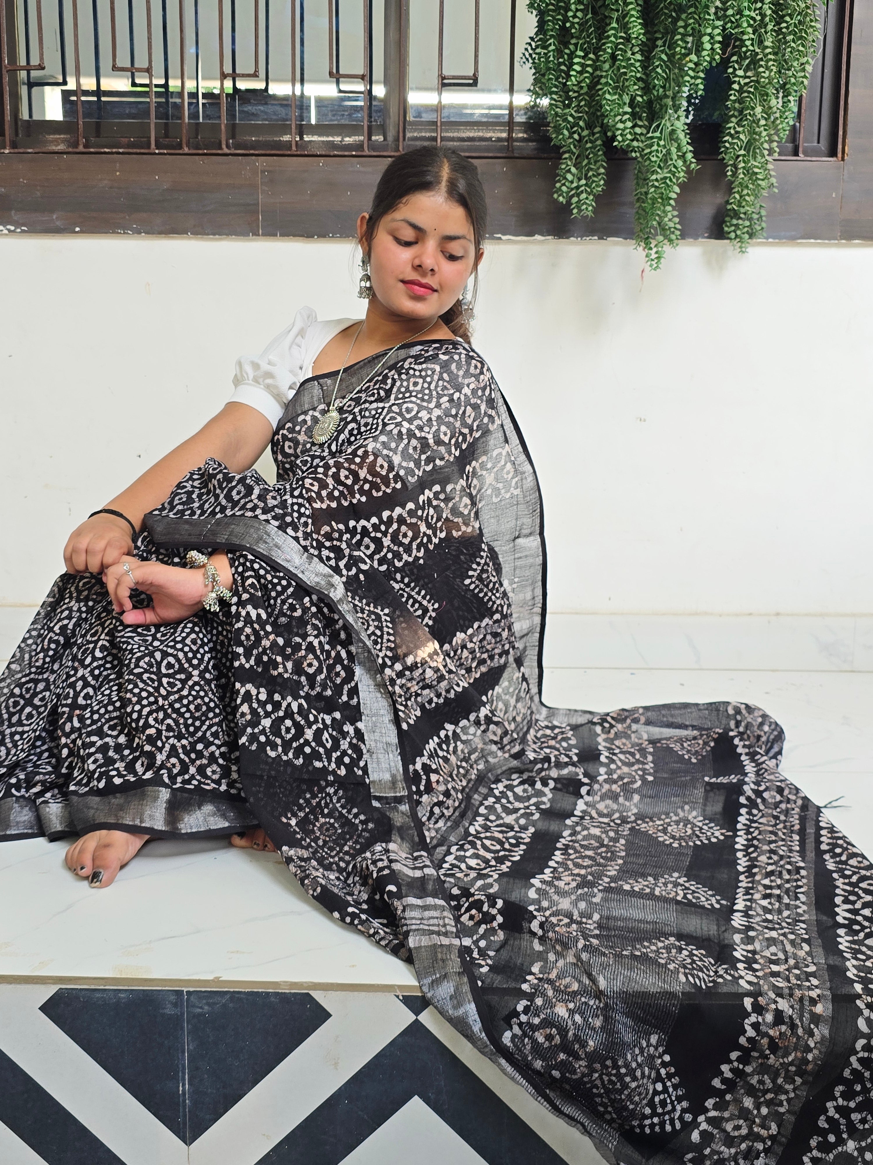 Handcrafted Linen Saree with Hand Block Hot Wax Batik - Black