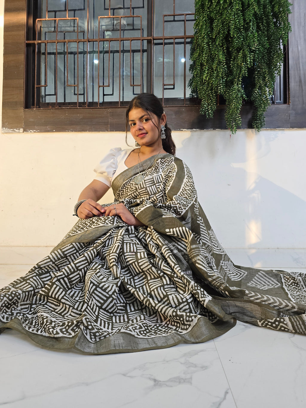 Handcrafted Linen Saree with Hand Block Hot Wax Batik - Olive Green