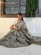 Handcrafted Linen Saree with Hand Block Hot Wax Batik - Olive Green