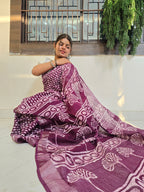 Handcrafted Linen Saree with Hand Block Hot Wax Batik - Deep Purple