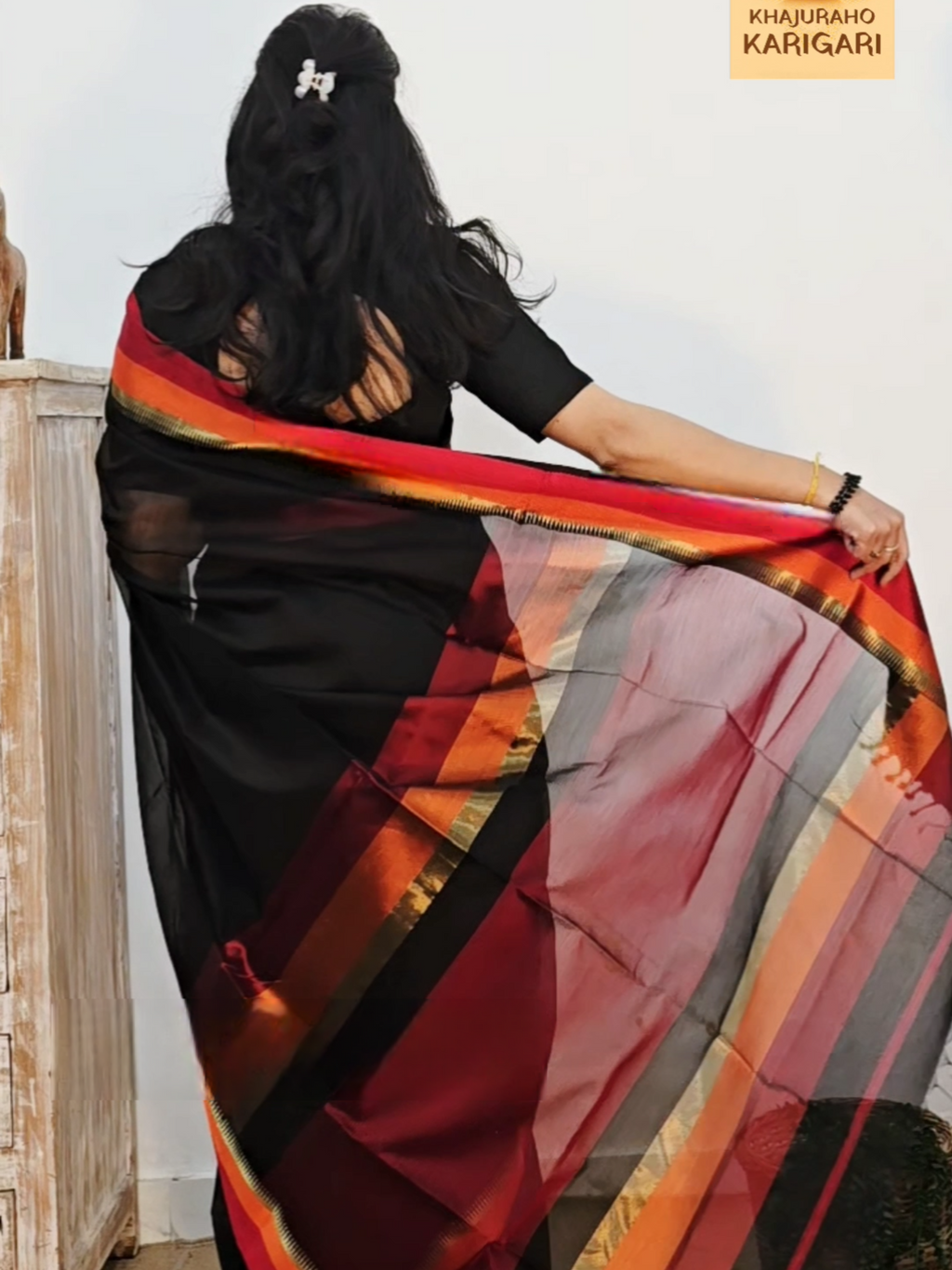 Pure Handwoven Maheshwari Silk Cotton Saree – Black with Red & Orange Borders