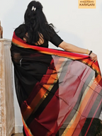 Pure Handwoven Maheshwari Silk Cotton Saree – Black with Red & Orange Borders