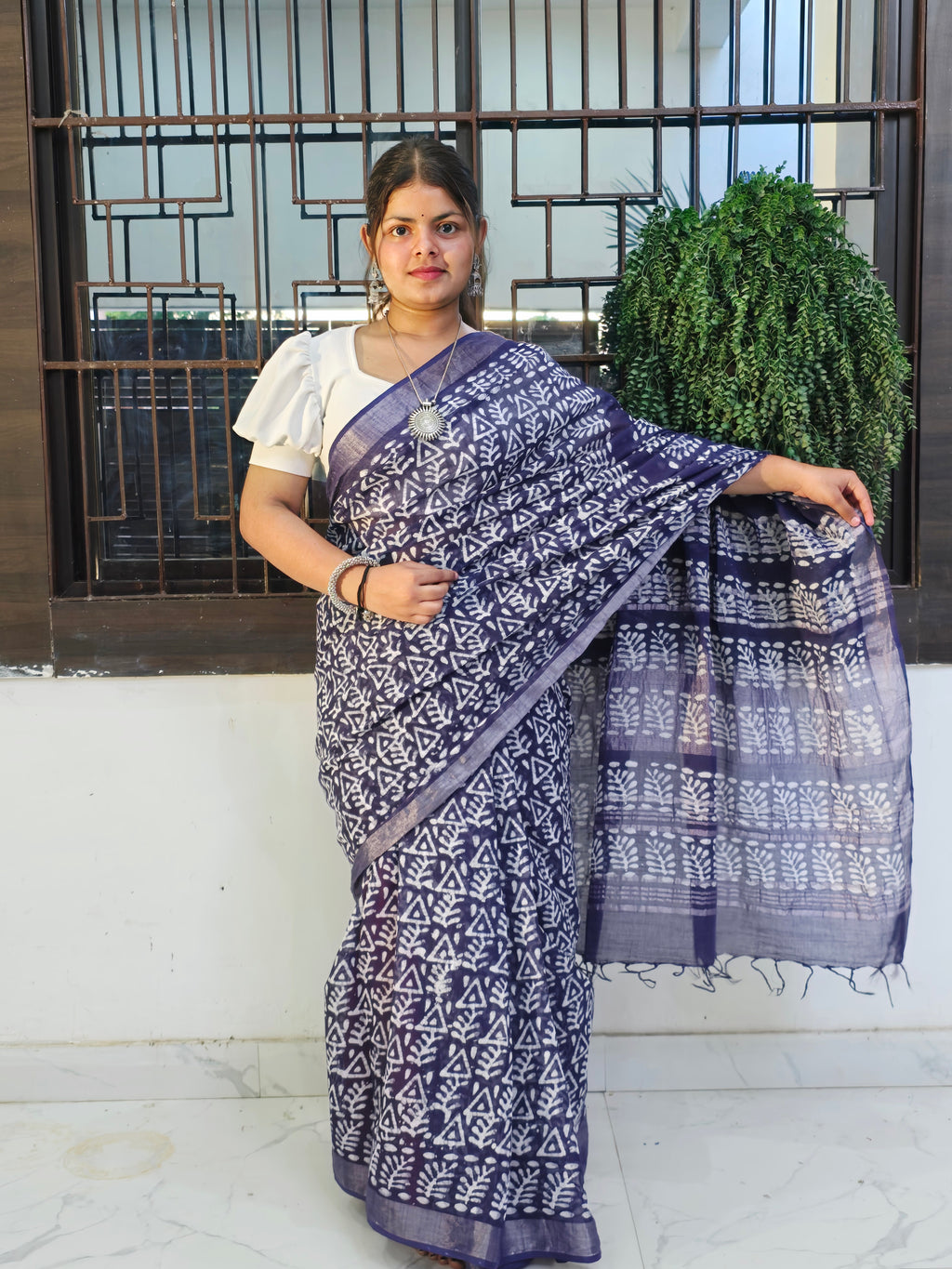 Handcrafted Linen Saree with Hand Block Hot Wax Batik - Blue