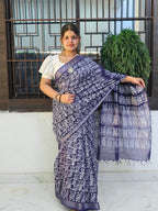 Handcrafted Linen Saree with Hand Block Hot Wax Batik - Blue