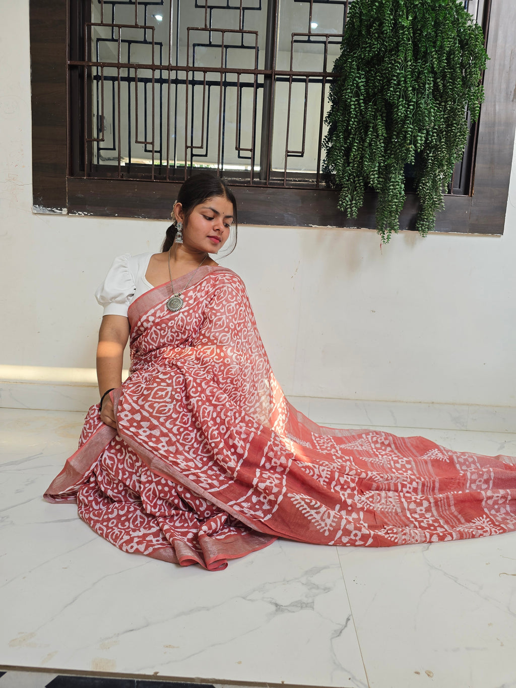 Handcrafted Linen Saree with Hand Block Hot Wax Batik - Rust Brown