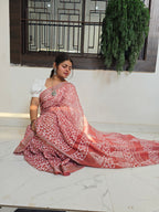 Handcrafted Linen Saree with Hand Block Hot Wax Batik - Rust Brown