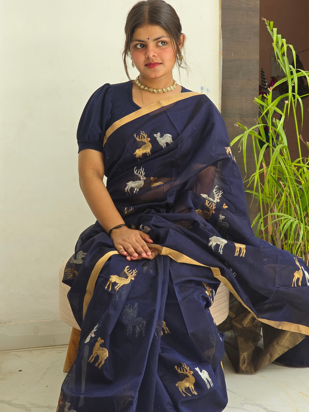 Pure Handwoven Chanderi Silk Cotton Deer Motif Saree – Blue