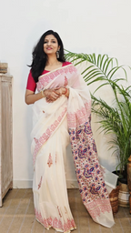 Hand Block Printed Chanderi Silk Cotton Saree with Gold Zari Border – Gold & Pink