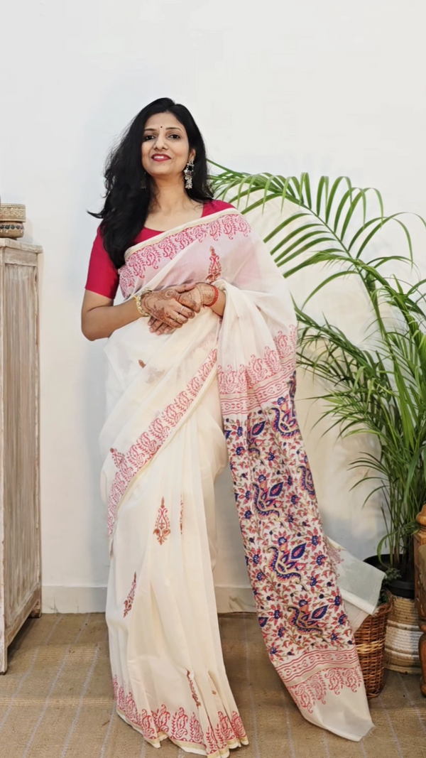 Hand Block Printed Chanderi Silk Cotton Saree with Gold Zari Border – Gold & Pink