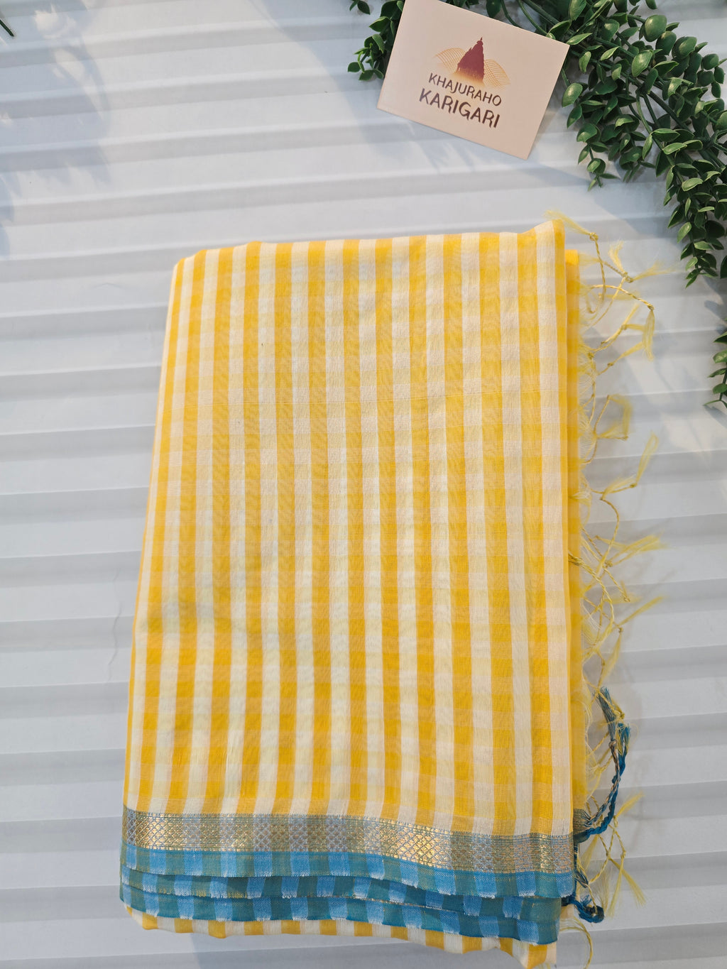 Pure Handwoven Maheshwari Check Saree in Yellow & White