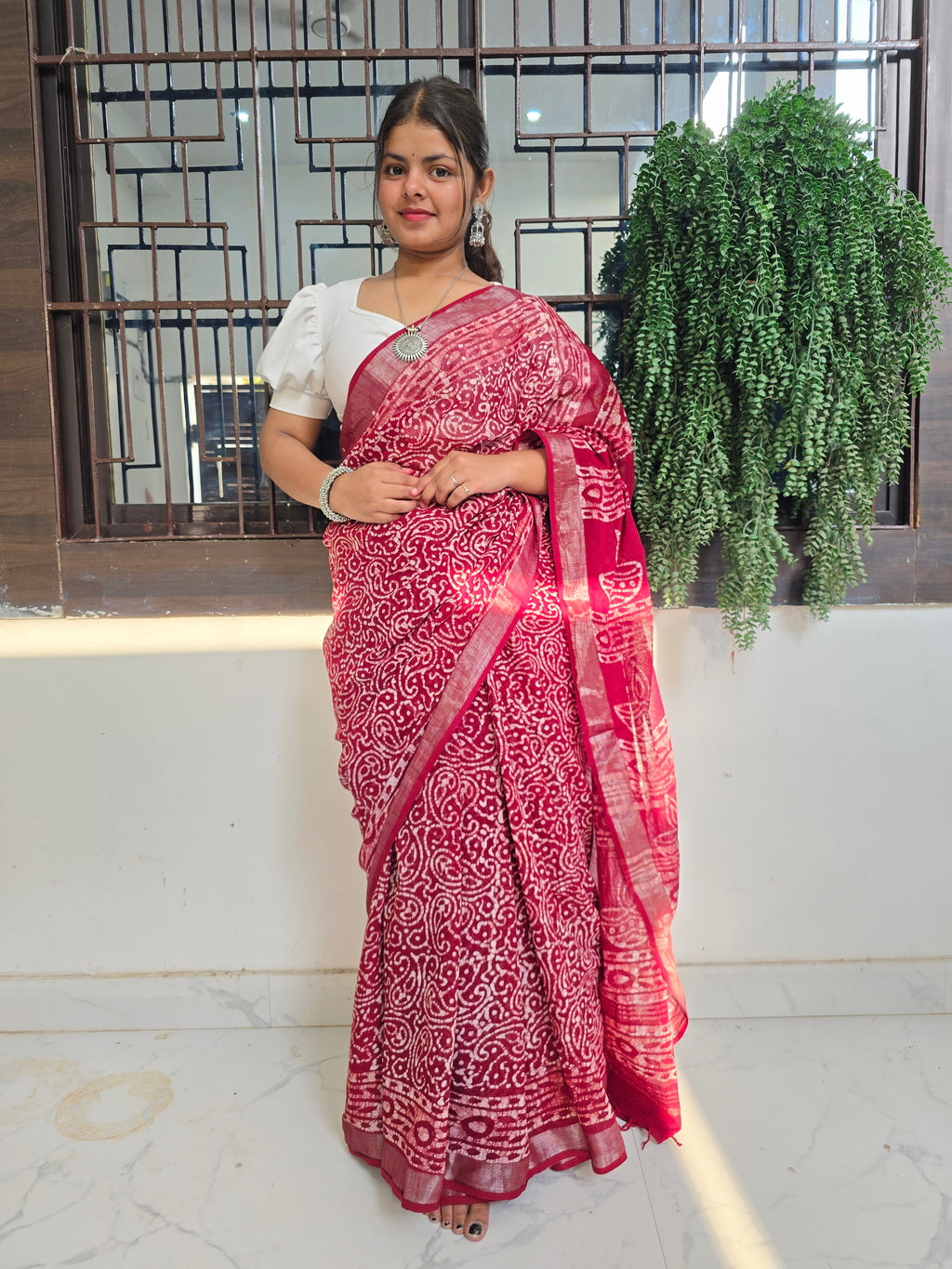 Handcrafted Linen Saree with Hand Block Hot Wax Batik - Maroon