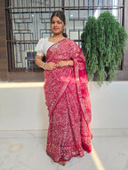 Handcrafted Linen Saree with Hand Block Hot Wax Batik - Maroon