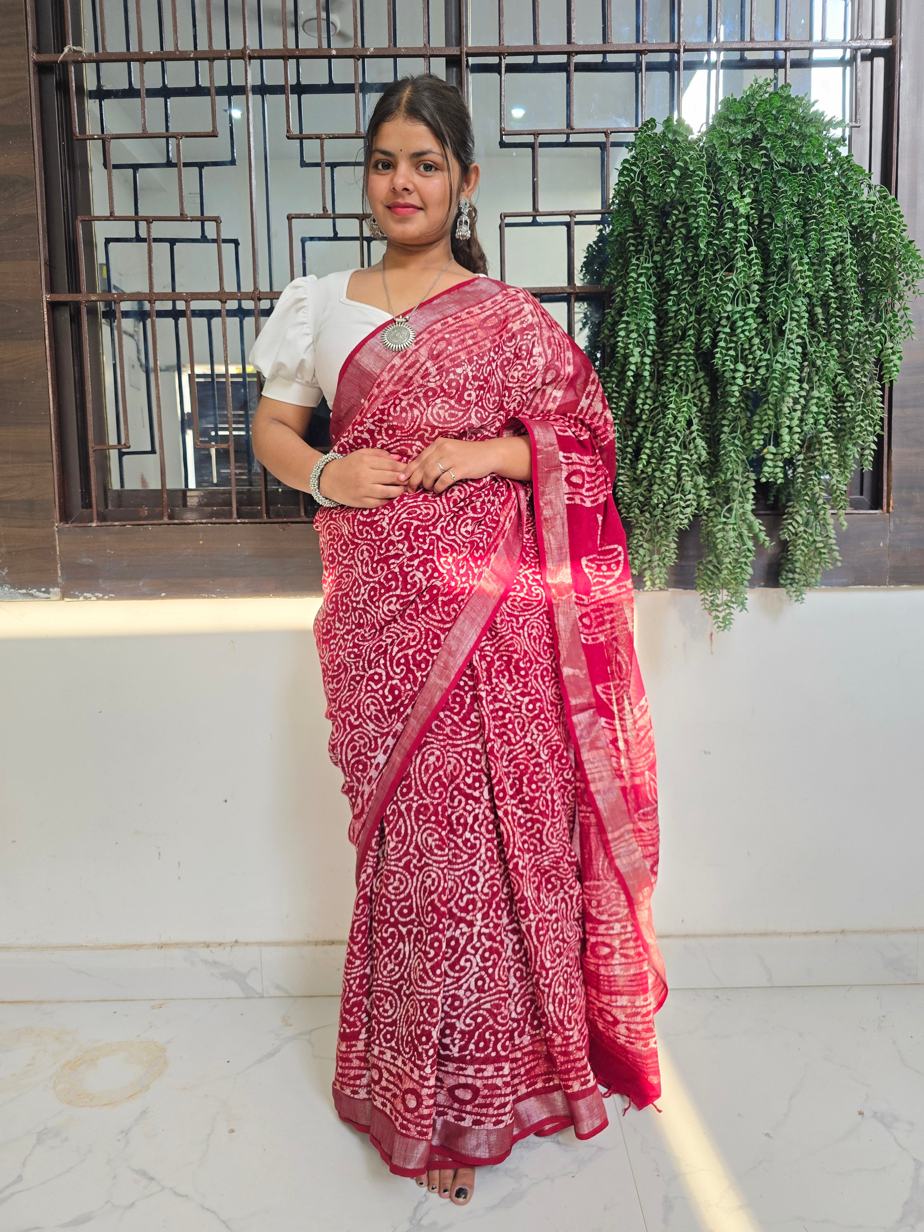 Handcrafted Linen Saree with Hand Block Hot Wax Batik - Maroon