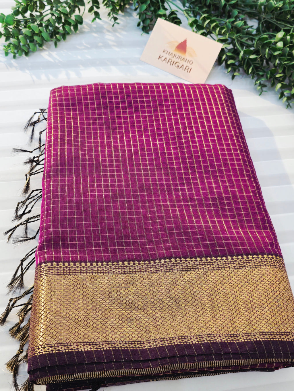 Pure Handwoven Maheshwari Silk Cotton Zari Check Saree – Purple