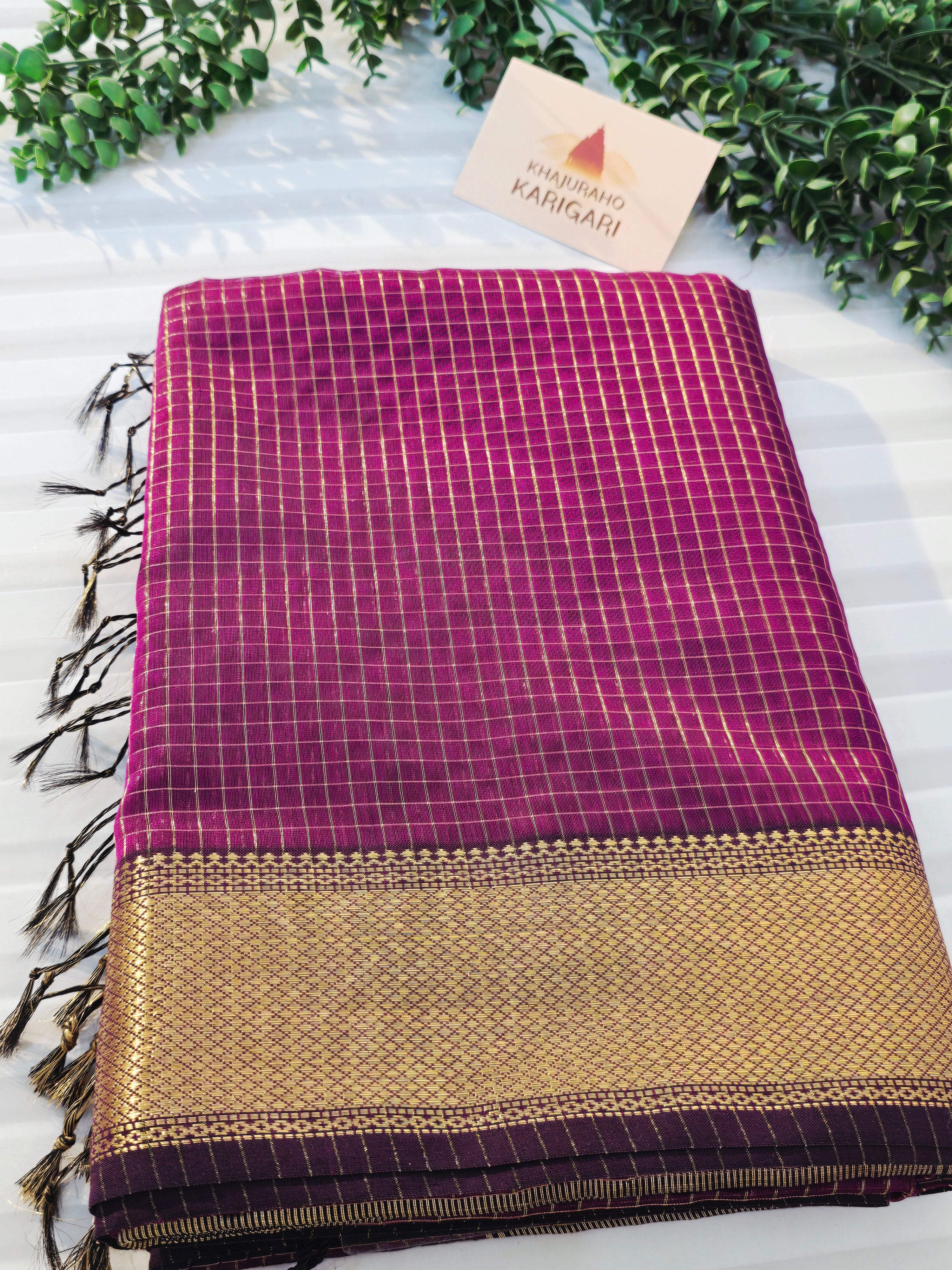 Pure Handwoven Maheshwari Silk Cotton Zari Check Saree – Purple