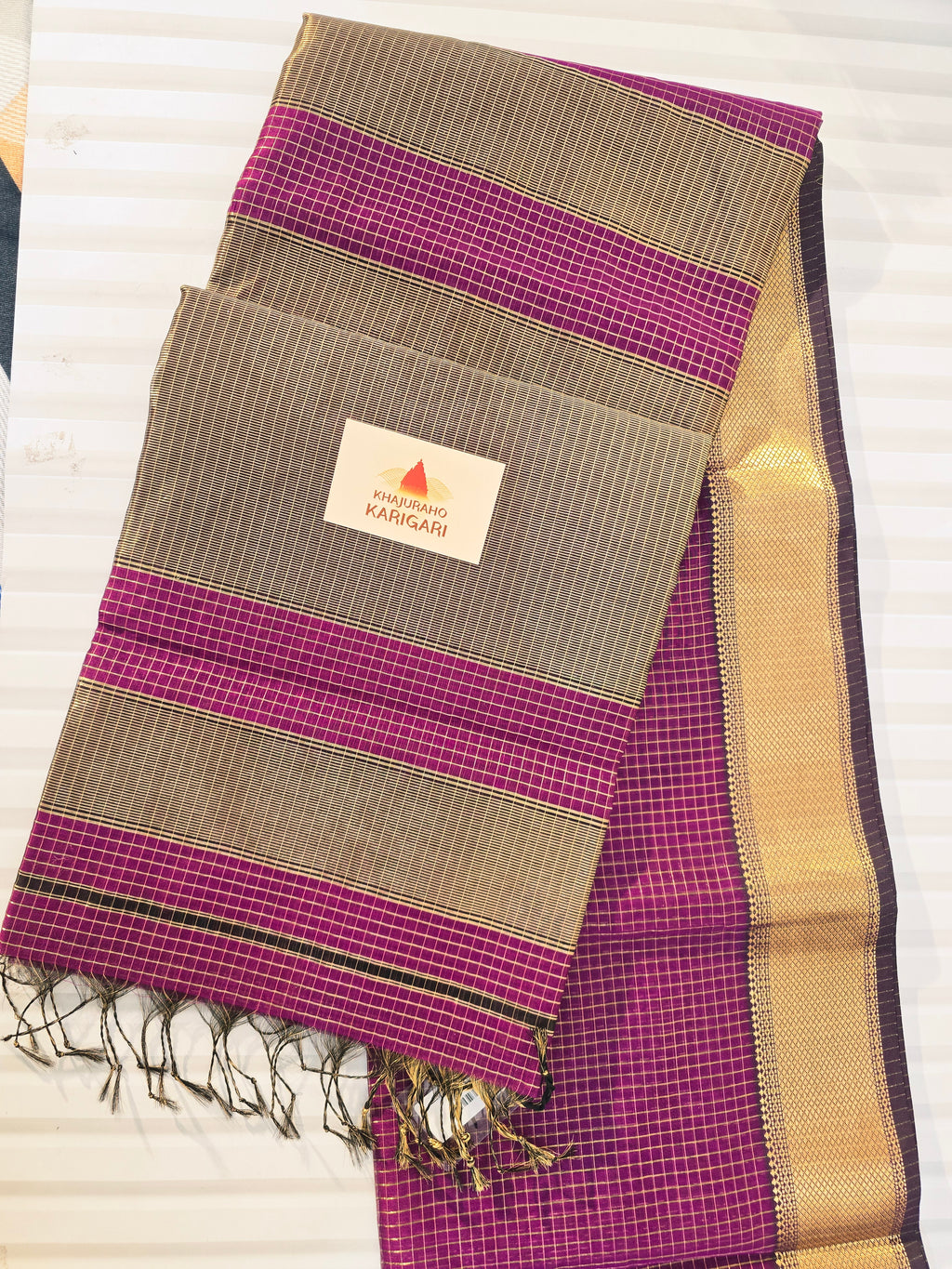 Pure Handwoven Maheshwari Silk Cotton Zari Check Saree – Purple
