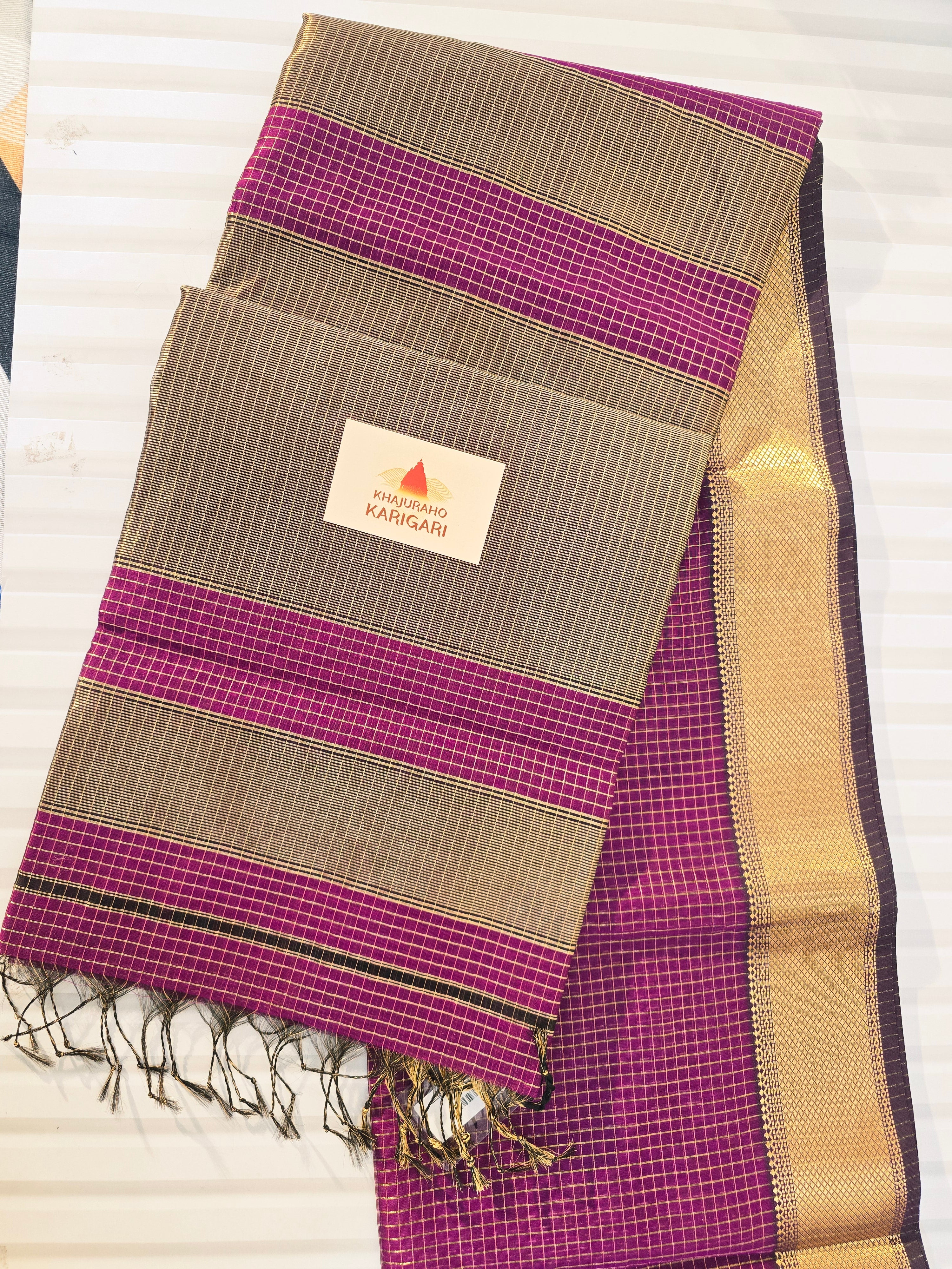 Pure Handwoven Maheshwari Silk Cotton Zari Check Saree – Purple