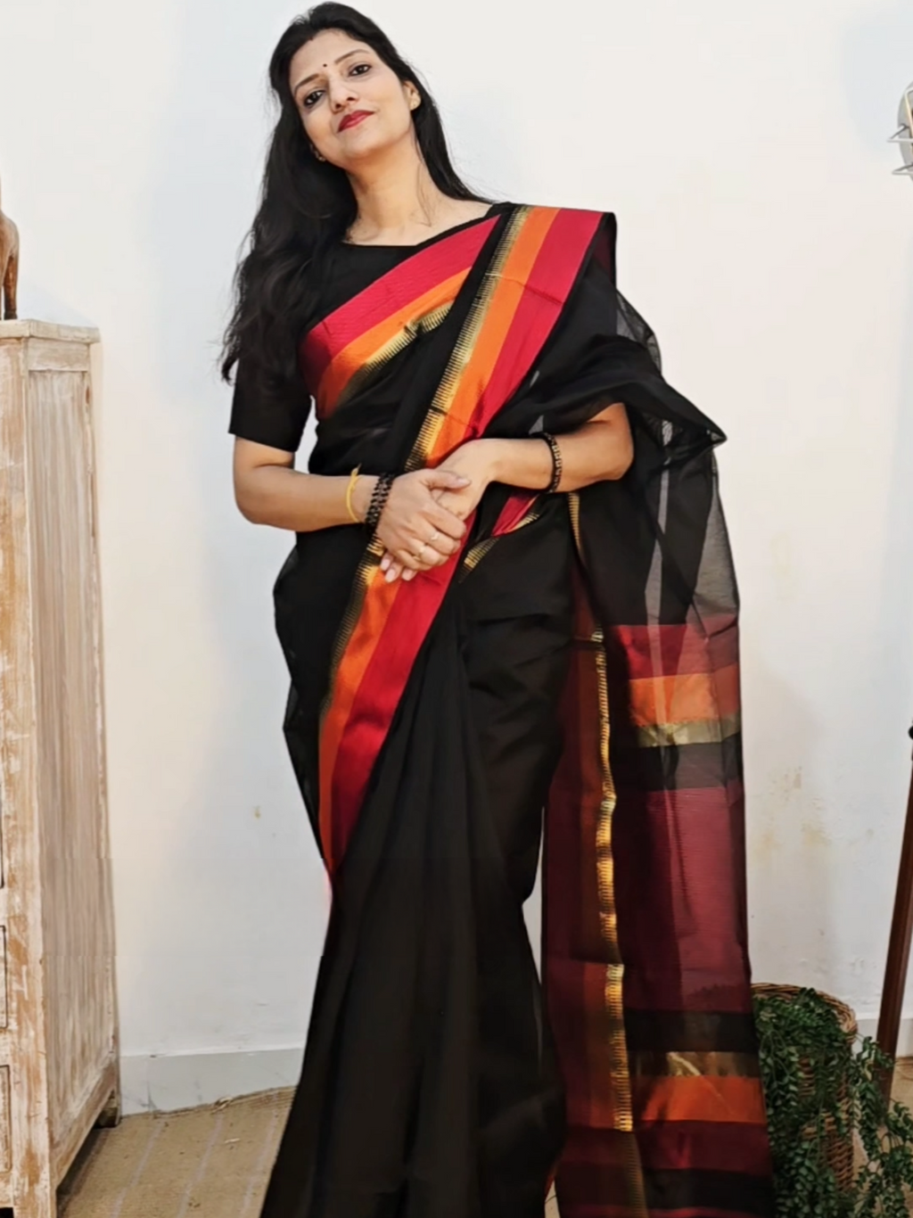 Pure Handwoven Maheshwari Silk Cotton Saree – Black with Red & Orange Borders