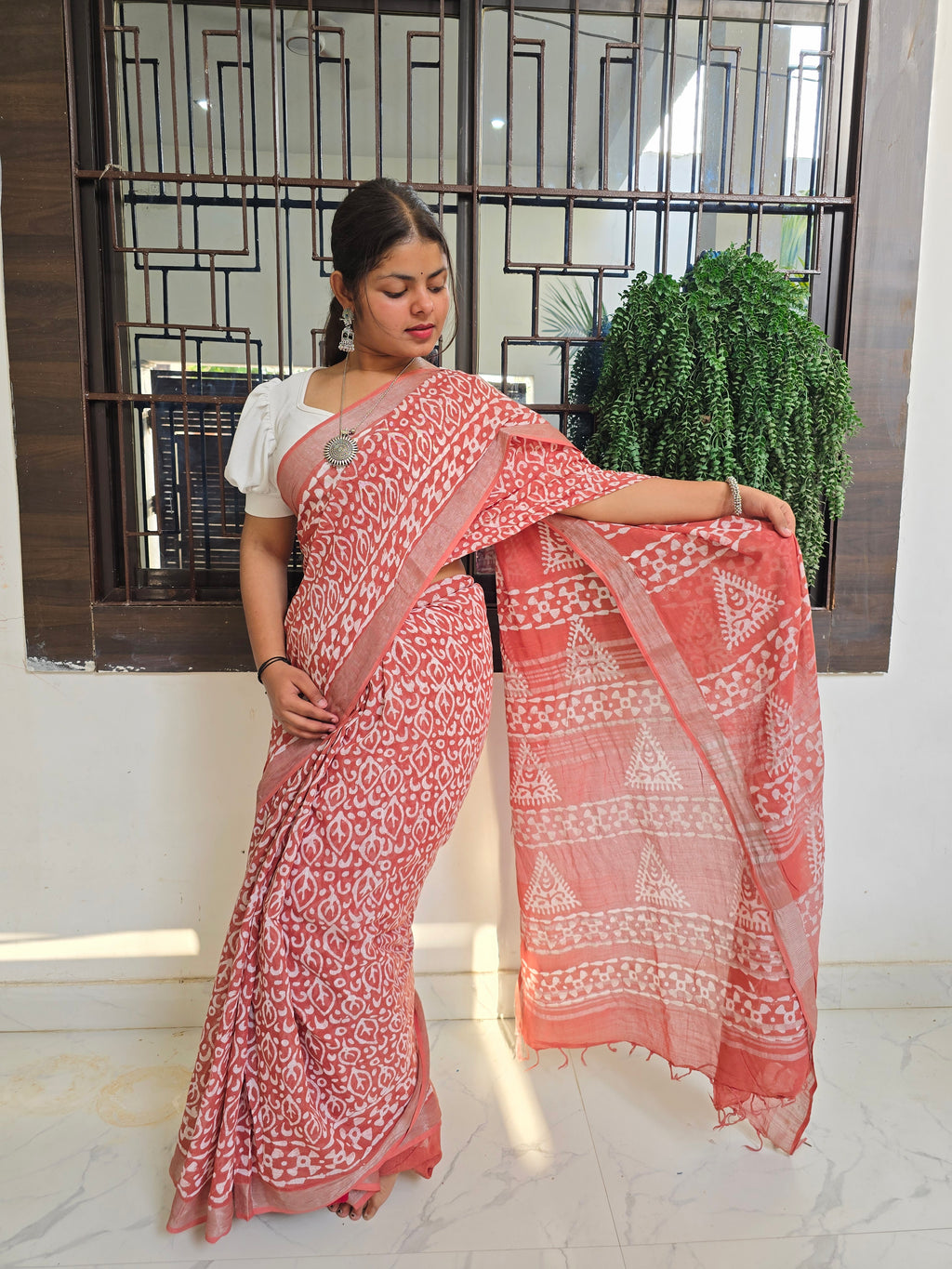 Handcrafted Linen Saree with Hand Block Hot Wax Batik - Rust Brown