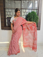 Handcrafted Linen Saree with Hand Block Hot Wax Batik - Rust Brown