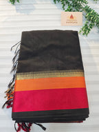 Pure Handwoven Maheshwari Silk Cotton Saree – Black with Red & Orange Borders