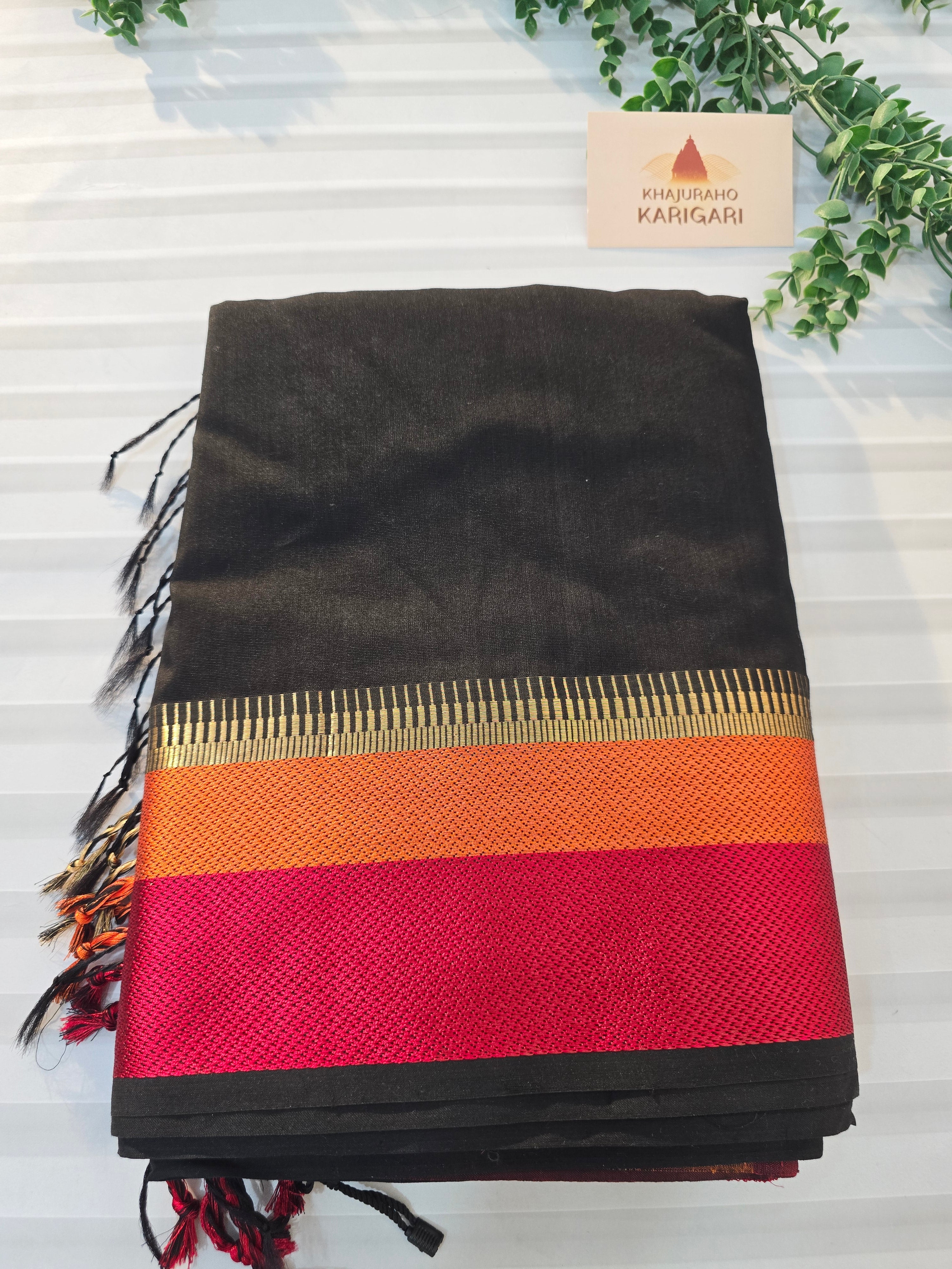 Pure Handwoven Maheshwari Silk Cotton Saree – Black with Red & Orange Borders