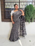 Handcrafted Linen Saree with Hand Block Hot Wax Batik - Black