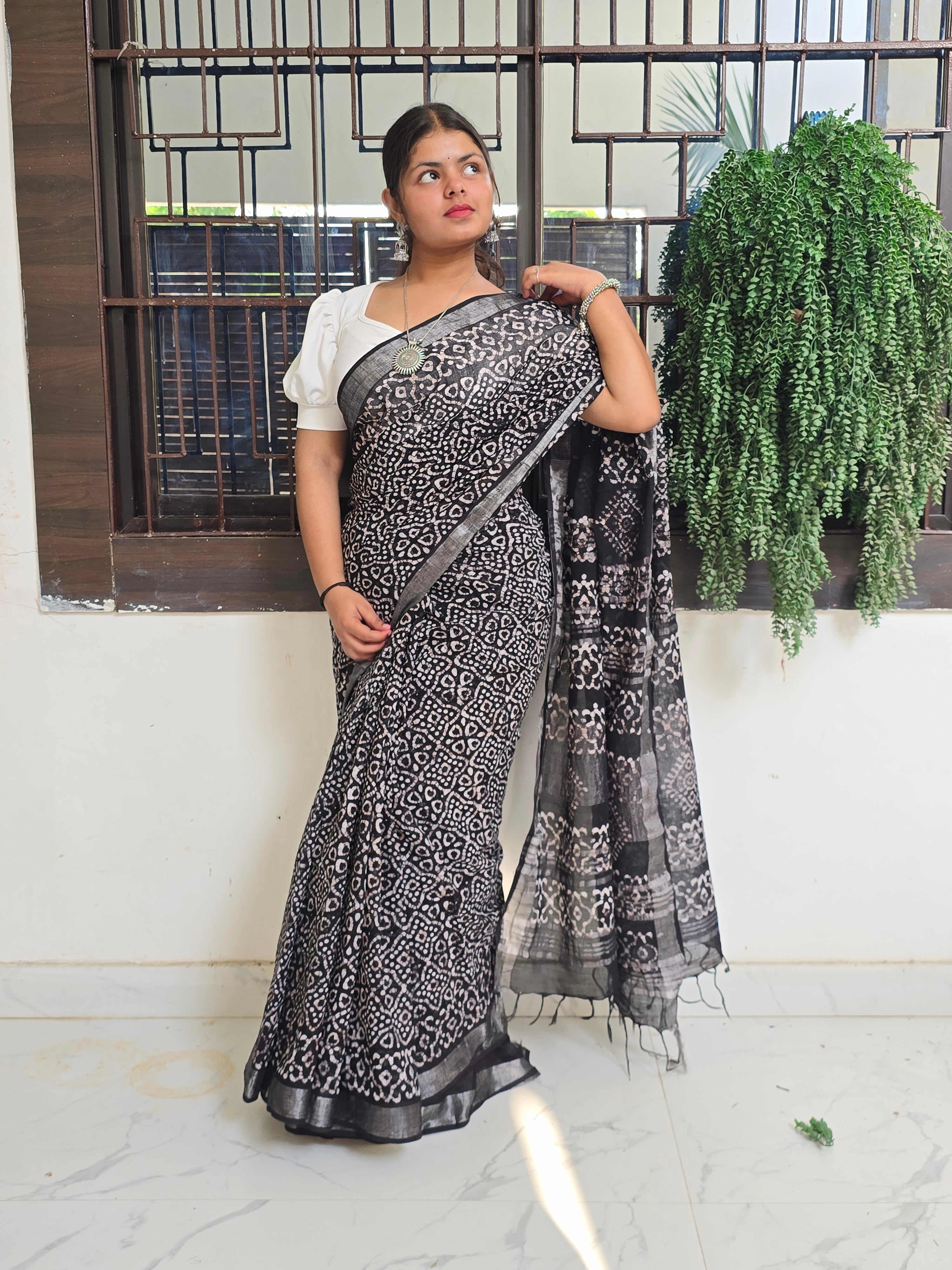 Handcrafted Linen Saree with Hand Block Hot Wax Batik - Black