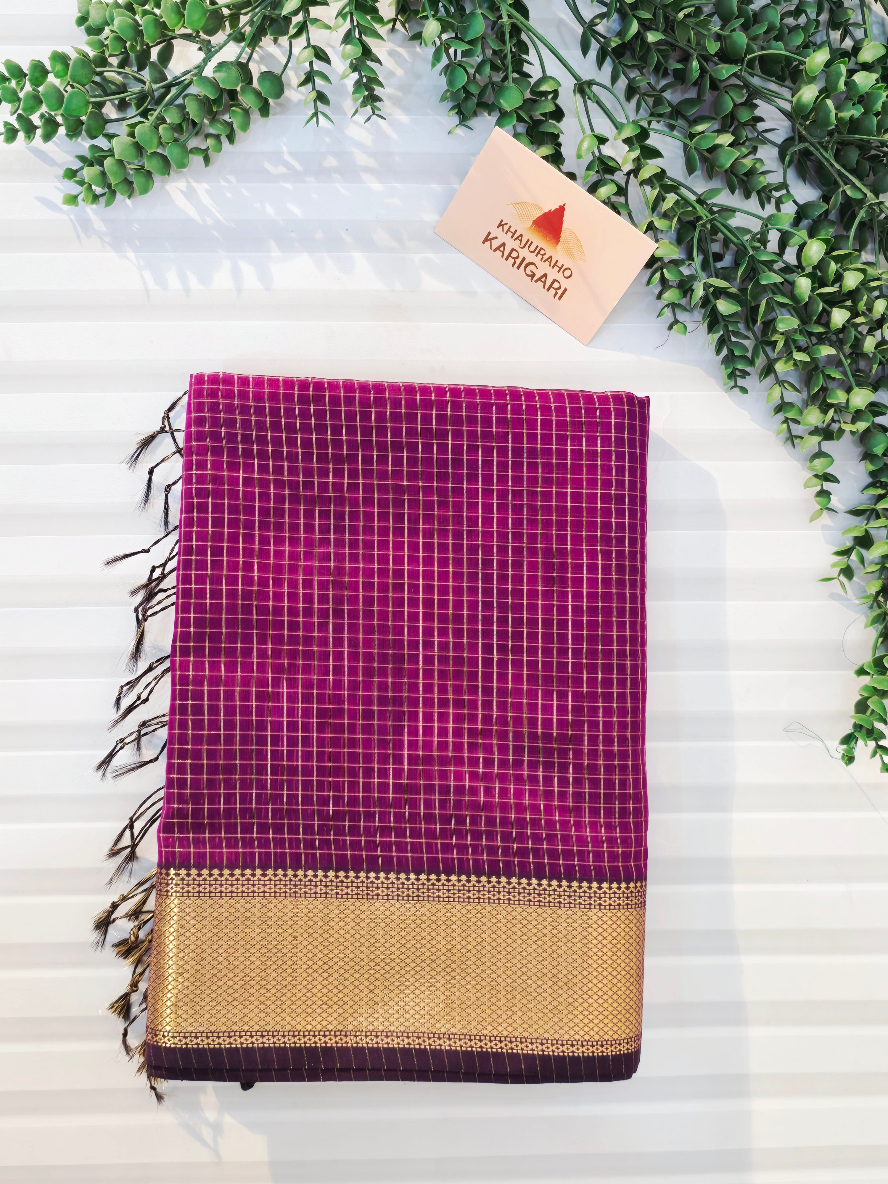 Pure Handwoven Maheshwari Silk Cotton Zari Check Saree – Purple