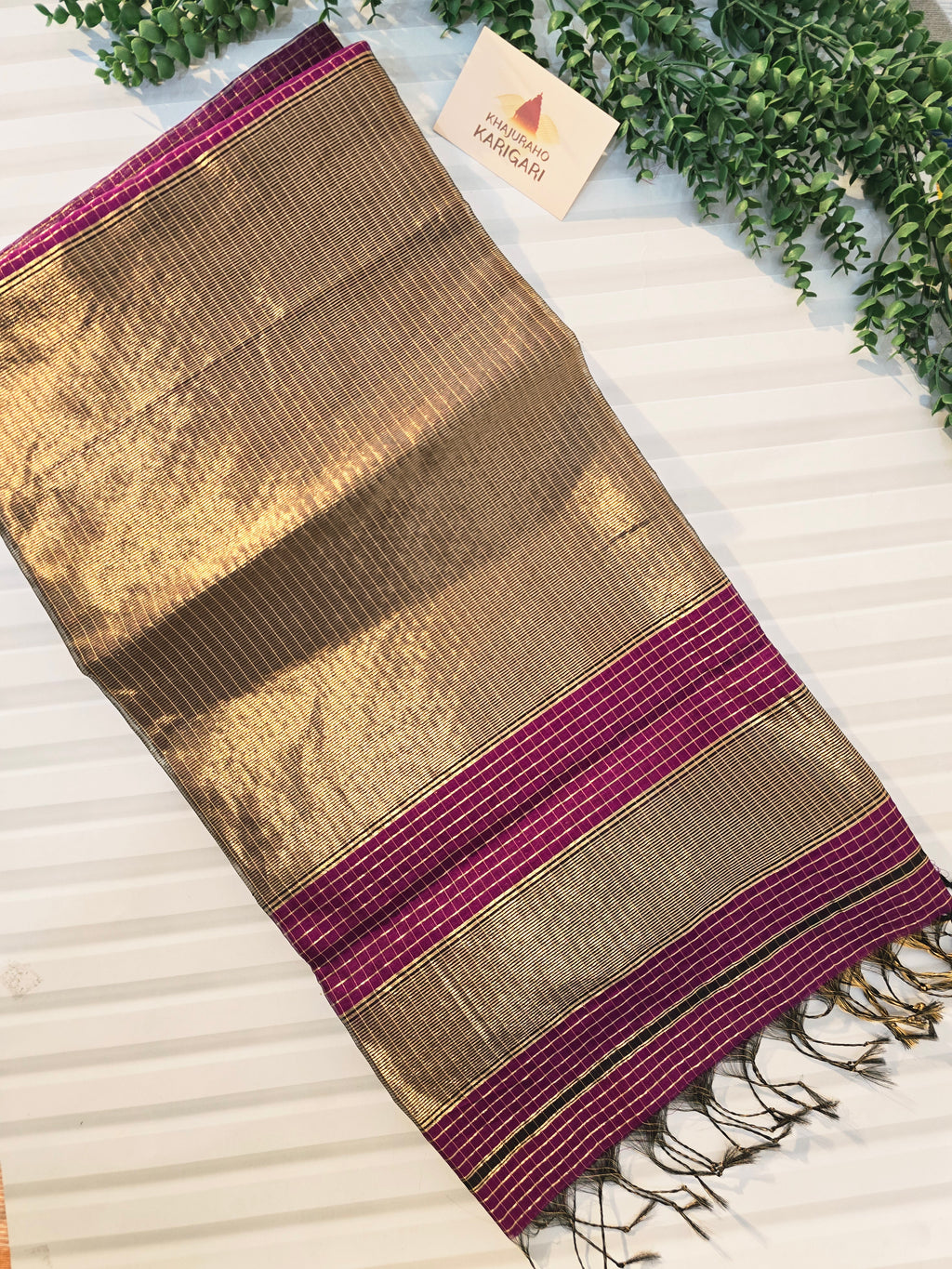 Pure Handwoven Maheshwari Silk Cotton Zari Check Saree – Purple