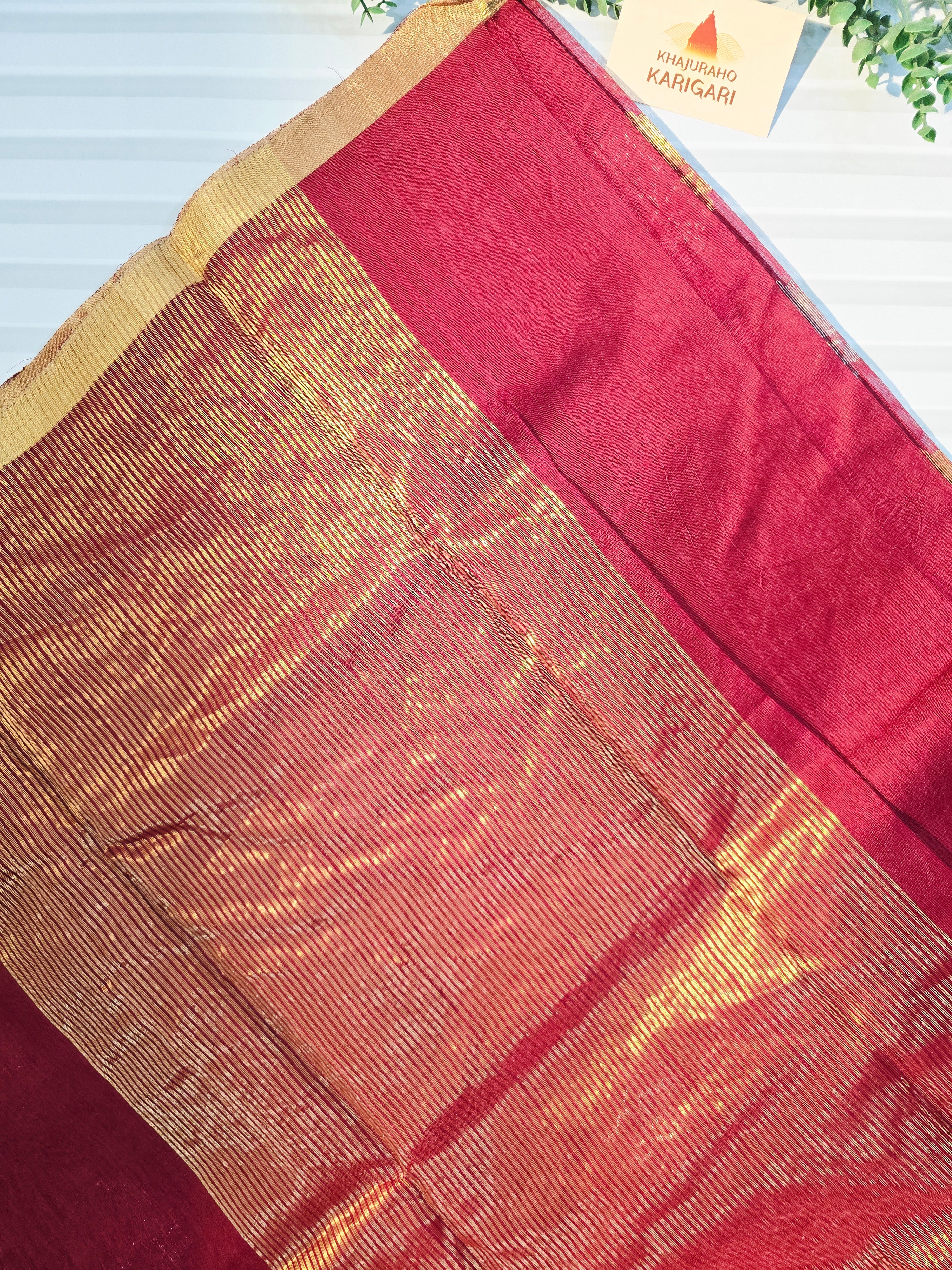 Chanderi Silk Cotton Saree Narrow Zari Border - Maroon