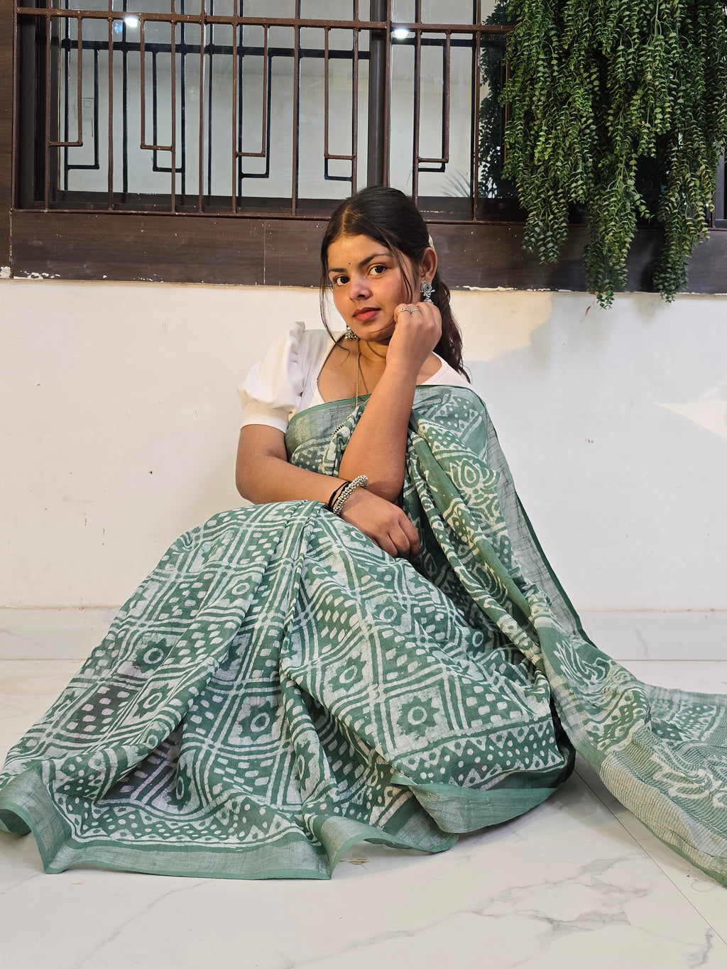 Handcrafted Linen Saree with Hand Block Hot Wax Batik - Sea Green
