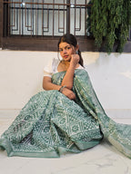 Handcrafted Linen Saree with Hand Block Hot Wax Batik - Sea Green