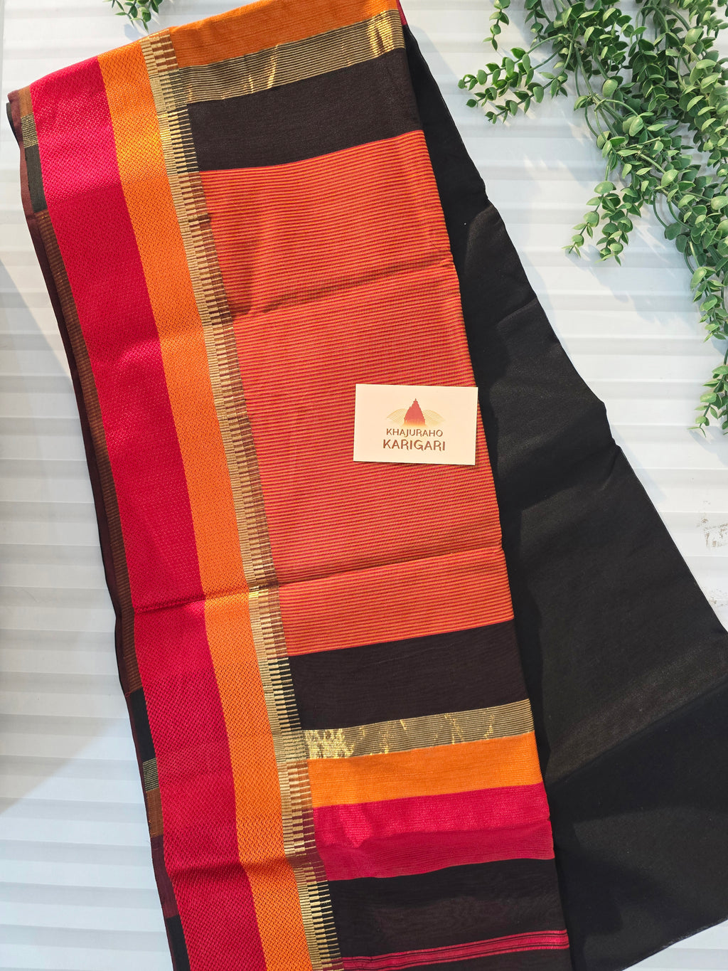 Pure Handwoven Maheshwari Silk Cotton Saree – Black with Red & Orange Borders